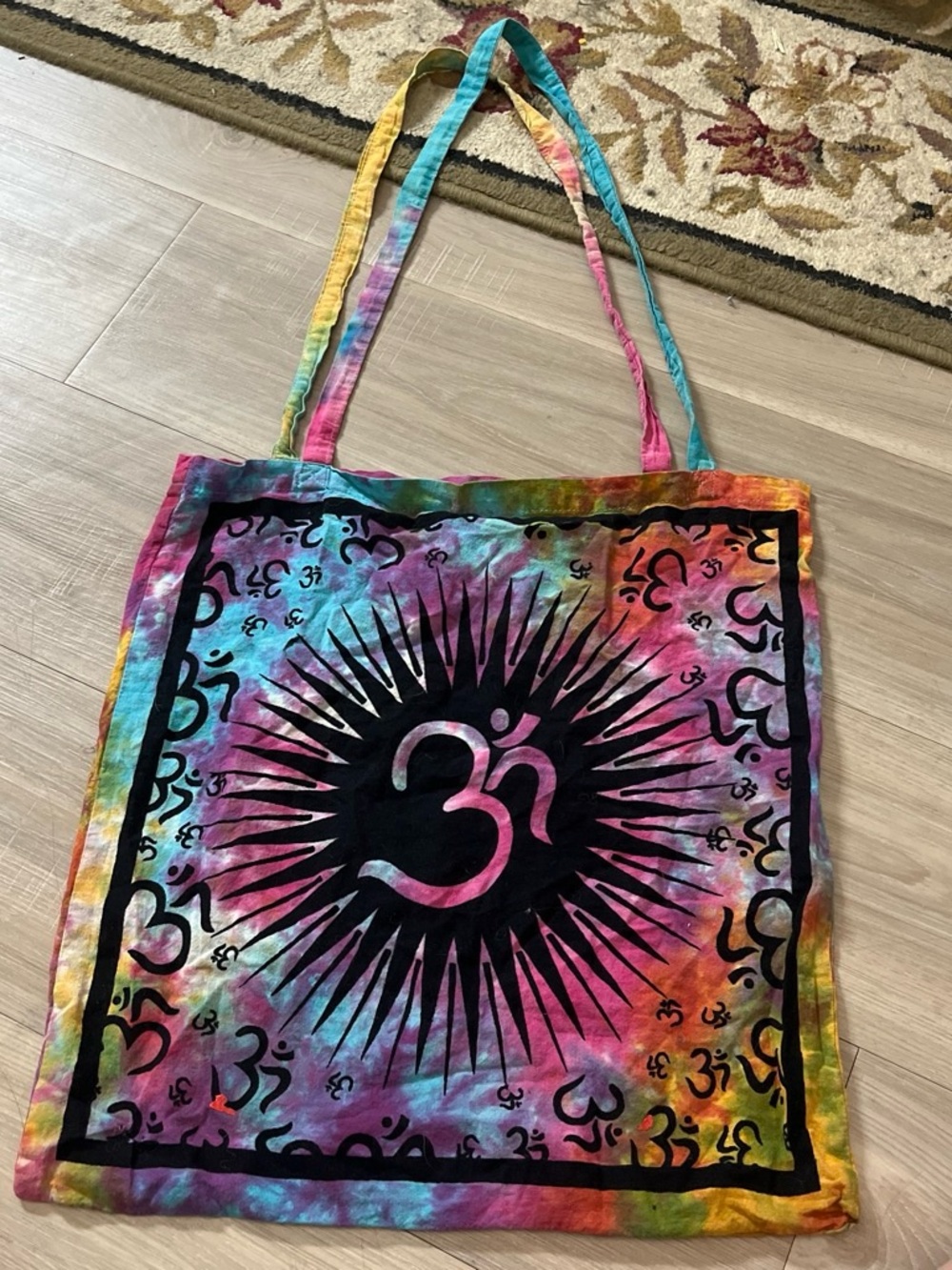 Rainbow Tie-Dye Tote with Black Om Sunburst
